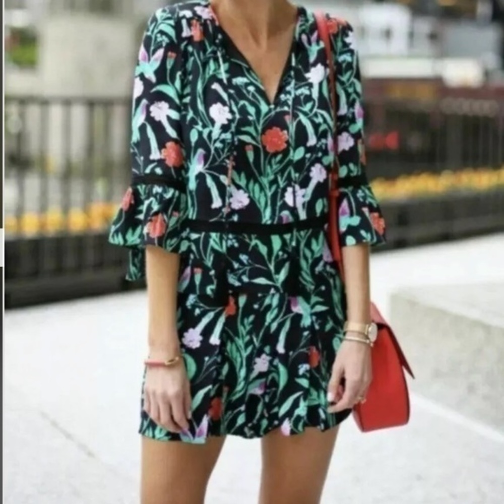 kate spade Black Floral Print Romper with Green and Red Accents